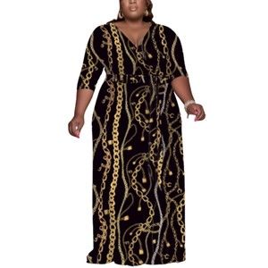 chain printing stretch V-neck three-quarter-sleeve maxi dress